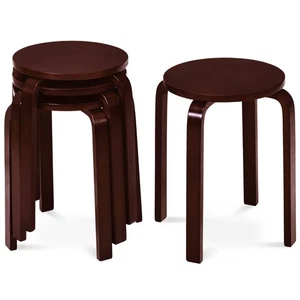 4PCS 18" Stacking Stools Round Dining Chairs Backless Birch Wood Home Brown - Picture 1 of 9