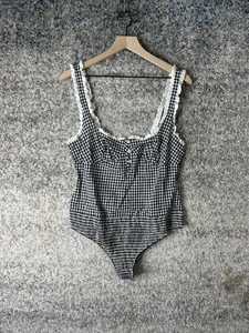 Free People Bodysuit Womens Large Black White Gingham Lace Trim FP1287240CY - Picture 1 of 7