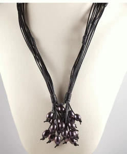 Natural Freshwater Peacock Pearls Necklace Cluster on Black Leather Cord - Picture 1 of 3