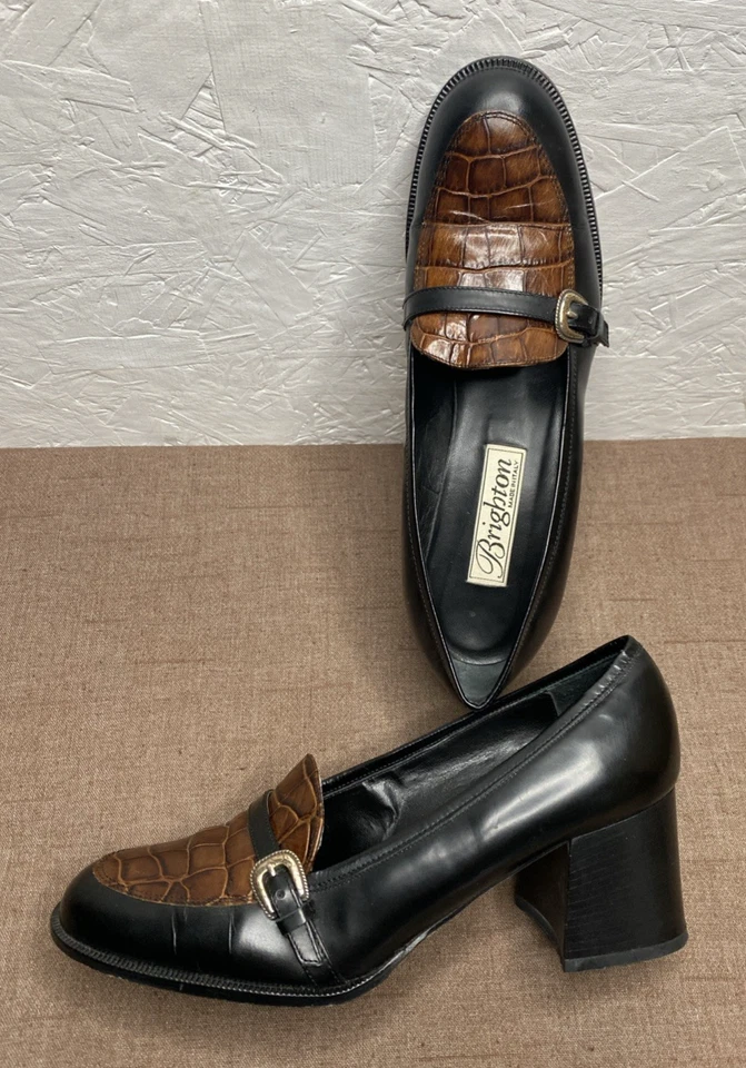 Mocasines para mujer Brighton marrón negro cuero tacón bloque talla 7,5 M hechos en Italia Foto 1 de 4