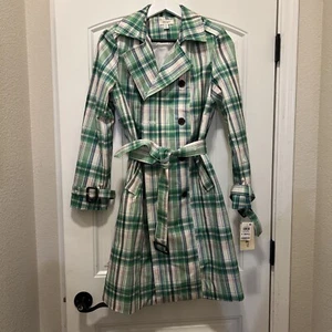 NWT ON 34TH Green Pink White Plaid Belted Trench Pea Rain Coat Woman XS $149. - Picture 1 of 8