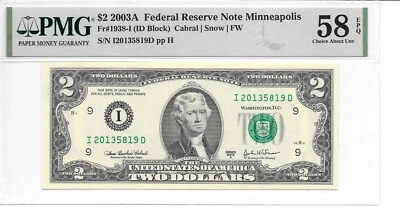 2003A Minneapolis $2 FRN PMG 58 EPQ Choice About Unc. (Harder to find ID Block) - Image 1 of 2