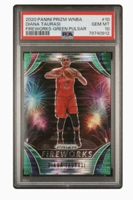 2020 Panini Prizm WNBA Fireworks Green Pulsar Prizm /25 Diana Taurasi #10 PSA 10 - Image 1 of 2