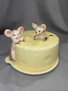 Vintage Tilso Japan Ceramic Covered Cheese Butter Covered Dish Mouse Mice Flaw - Picture 1 of 9