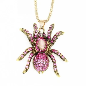 Women Shiny Pink Inlaid Crystal Retro Spider Pendant Chain Fashion Necklace - Picture 1 of 5