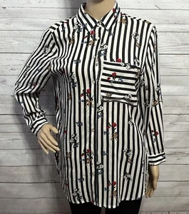Grand & Greene Rayon Blouse Small Black White Striped Floral Print Button Up Top - Picture 1 of 13