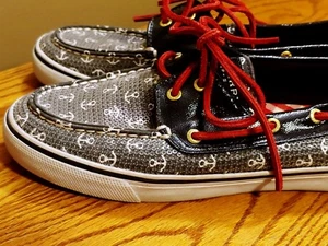 SPERRY TOP SIDERS Sequin Shine Anchor USA Boat Deck Loafers Women Shoe Sz 8 👣b4 - Picture 1 of 10