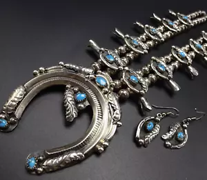 ALICE LONG Vintage NAVAJO Squash Blossom HALSKETTE und OHRRINGE Set TÜRKIS - Bild 1 von 12