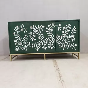 Bone Inlay Bullion Solid Wood Sideboard Green With Floral Pattern 150x45x85cm - Picture 1 of 6