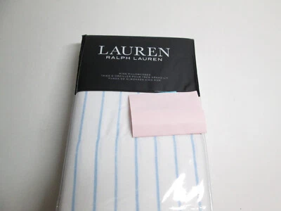 New Lauren Ralph Lauren Spencer Stripe Sateen Two King Pillowcases Aqua Blue New - Image 1 of 4