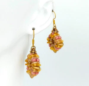 Ohrringe Braun Beige Gold Rosa Viereckig Hängend Handmade Unikat Damen Schmuck  - Bild 1 von 9