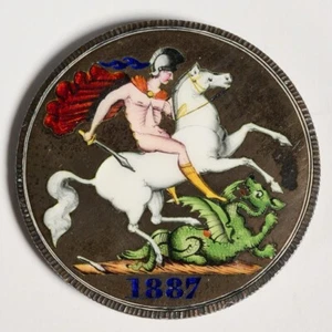 19thc British Queen Victoria Silver Coin St George Slaying Dragon Enamel - Picture 1 of 5