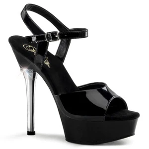 PLEASER ALL609/B/M Basic Black Platform Chrome Heels Ankle Strap Stripper Shoes - Picture 1 of 6