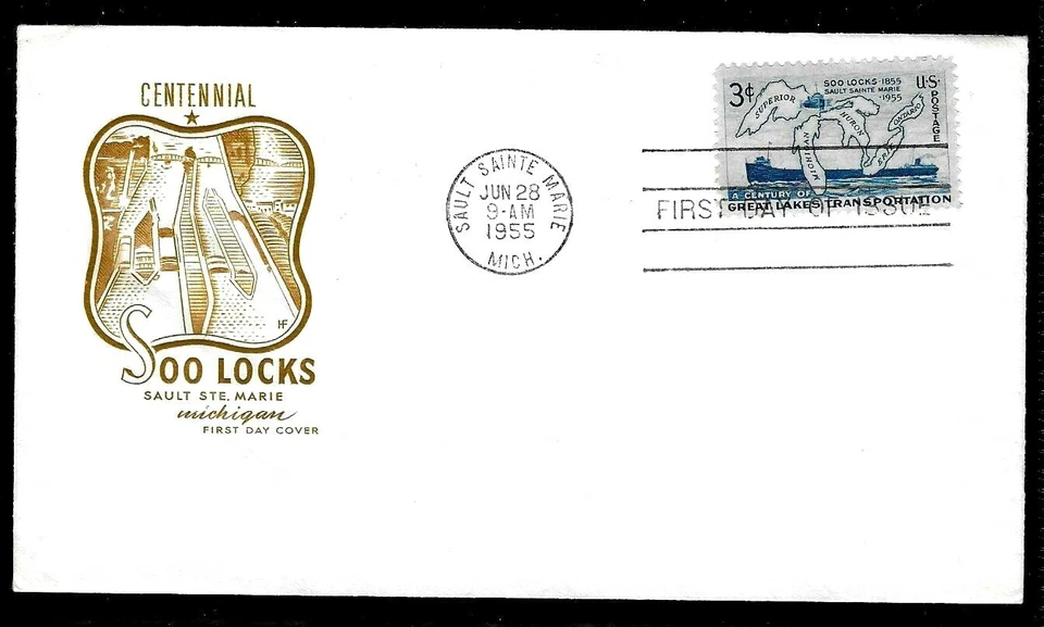 1069 3c Stamp (1955) THE SOO LOCKS FDC FROM THE HOUSE OF FARNAM CACHETS - Image 1 of 1