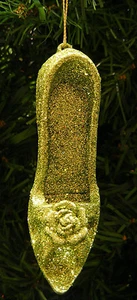 Christmas Village Green Glitter Ballroom Shoe Christmas Ornament With Flower - Picture 1 of 3