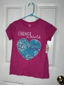Wonder Nation Top Girls Size Large 10-12 Pink Short Sleeve Change The World - Picture 1 of 4