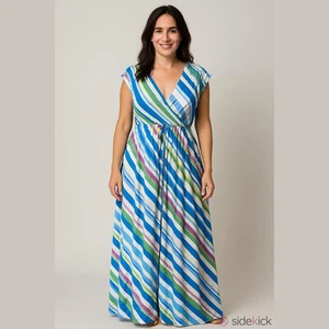 Staffelei Damen blau grün rosa diagonale Streifen Maxikleid fließend Boho Größe 16 - Bild 1 von 7