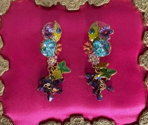 Kirks Folly Vintage Bright Flower Cluster Grapes Swarovski Crystal Earrings RARE - Picture 1 of 4