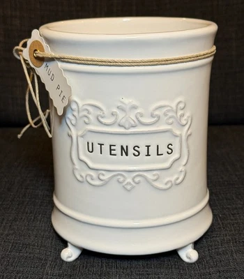 Mud Pie White Ceramic Circa Utensil Holder Footed French Provincial Farmhouse - Image 1 of 4