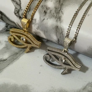 Egyptian Eye Of Horus Pentant 24" Cuban Curb Chain 18k Gold & Silver Layered - Picture 1 of 8
