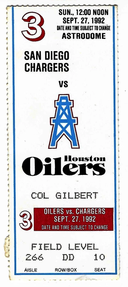 San Diego @ Houston 9/27/92 Ticket Stub Oilers 27 Chargers 0 Warren Moon 2TDs - Image 1 of 1
