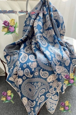 100% Mulberry Silk Scarf in Blue Paisley Print 43”/110x110 Square Vintage Large
