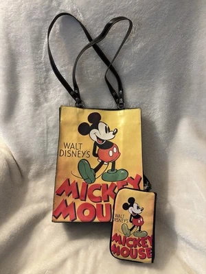Walt Disney Mickey Mouse Tote Handbag & Wristlet Wallet Yellow Black Clutch Set - Image 1 of 4