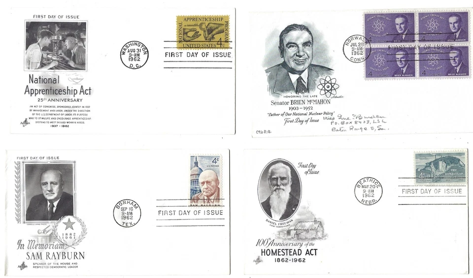 4 '62 FDCs Brien McMahon, Homestead Act, Sam Rayburn, National Apprenticeship - Image 1 of 1