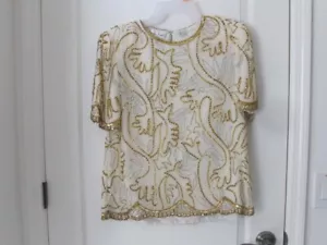 80er Vintage Laurence Kazar große Silber Gold Sequenz 100% Seide Bluse gefüttert L - Bild 1 von 17