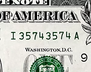 Número de serie de lujo - Billete de $1 - REPETIDOR DE 4 DÍGITOS - 4 DOBLES - 2017 - I35743574A - Imagen 1 de 3