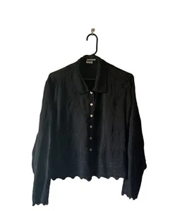 Johnny Was Shirt Top Womens Medium Black Embroidered Rayon Rose Pattern - Picture 1 of 4