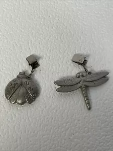 Lot of 2 Vintage Ladybug & Dragonfly Pendants Silver Tone Clip On Jewelry Brooch - Picture 1 of 9