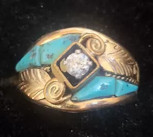 Anello da uomo vintage Navajo pietra turchese riempita in oro sterling con zirconi taglia 10 - Foto 1 di 4