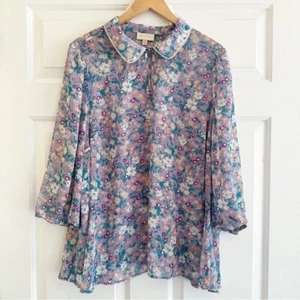 ModCloth Vintage Lavender Floral Sheer Blouse Scalloped Embroidered Collar Sz 2X - Picture 1 of 7