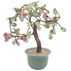 Miniature Glass Bonsai Tree Glass Leaves Chinese Jade Green Pink Cherry Blossoms - Picture 1 of 15