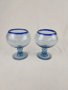 2 Hand Blown Mexican Goblet Margarita Sangria Wine Glasses Clear Blue Rim 6" - Picture 1 of 11
