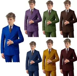 Striped Boy‘s Suit Set Formal Wedding Tuxedo Blazer Pants Slim Fit Two Pieces - Picture 1 of 19
