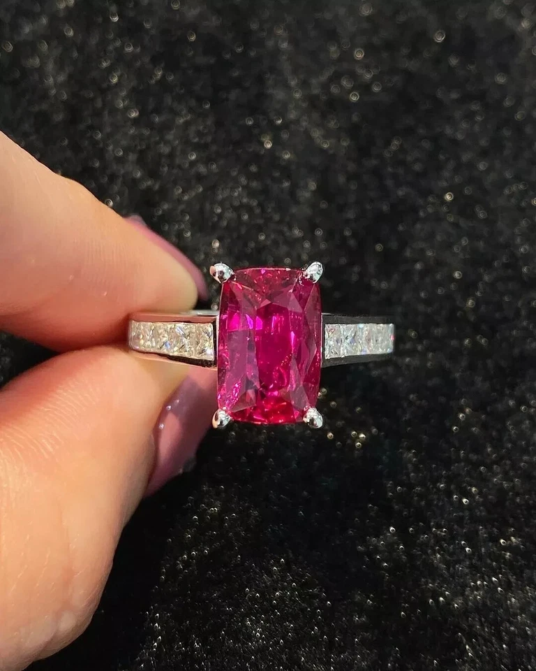 Обручальное кольцо с натуральным красным рубином и бриллиантом огранки подушка 950 платина 5,35 карата размер 7 8 - Изображение 1 из 4