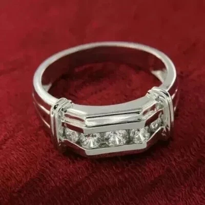 Real Moissanite 4Ct Round Cut 5 Stone Men's Wedding Ring 14K White Gold Plated - Image 1 of 4