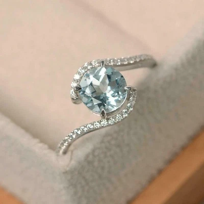 1.70Ct Round Cut Aquamarine Bypass Diamond Women's Ring 14k White Gold Finish - Image 1 of 3