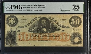 1864 Montgomery Alabama 50 $ veraltete Währung Cr. 20 Rarität 10 PMG VF 25 - Bild 1 von 2