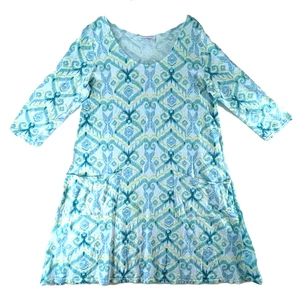 Fresh Produce Dress Womens Size XL Midi Jersey Knit Ikat Pockets Blue Green USA - Picture 1 of 9