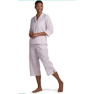 Miss Elaine Seersucker Pajama Set 2PC XL Sleepwear Pink White Stripe Capri - Image 1 of 4