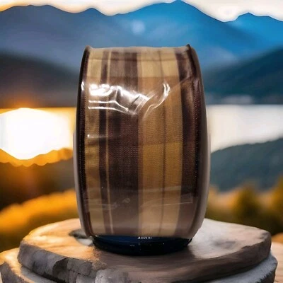 Maroon, Tan Brown Plaid Wired  Acetate ribbon 2" By 25M/82FT made in France - Image 1 of 4