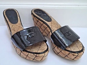 CHANEL black patent logo detail quilted cork wedges heel sandal 37.5 WORN ONCE - Picture 1 of 11