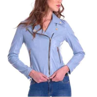 Chaqueta de cuero azul para mujer, abrigo de bombardero de motociclista para él, diseñador de piel de cordero  Foto 1 de 4