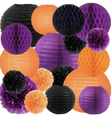 NICROLANDEE 16Pcs Orange Black Purple Tissue Pom Pom Paper Lantern -Halloween - Image 1 of 4