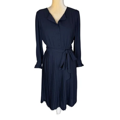 J. Crew Navy Blue Pleated Midi Dress Long Sleeve Button Front Belted Womens - Image 1 of 4