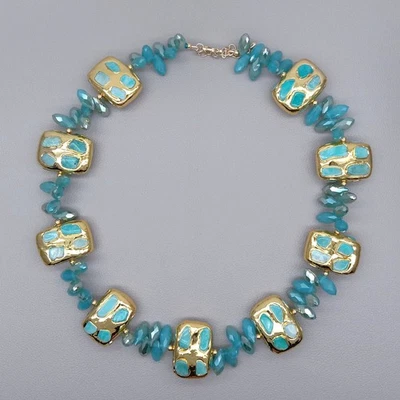 Collar Gargantilla Cristal Azul Rectángulo Chapado en Oro Amazonita Verde Real Foto 1 de 4