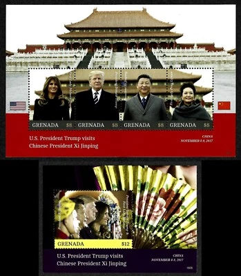 GRANADA, JUEGO DE 2 MINI SÁBANAS MNH TRUMP VISITA PRESIDENTE CHINO XI JINPING 2018 Foto 1 de 3